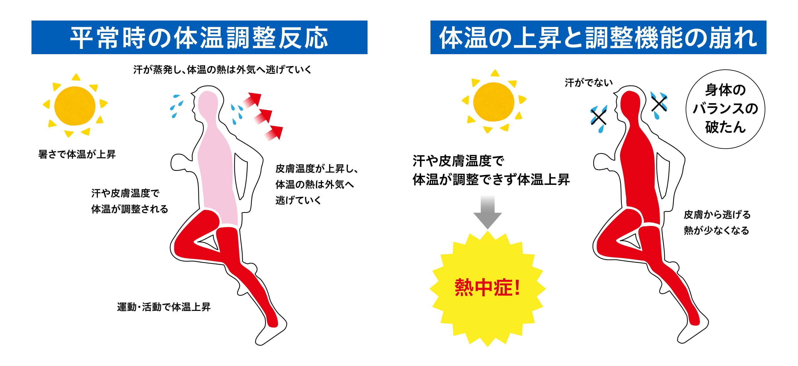 汗や皮膚温度で体温が調節できず熱中症を引き起こす可能性があります。